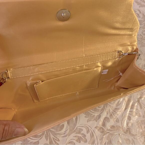 Crossbody Evening Bag Gold Satin & Rhinestones Removable Silver Chain Strap NWOT - Picture 4 of 6